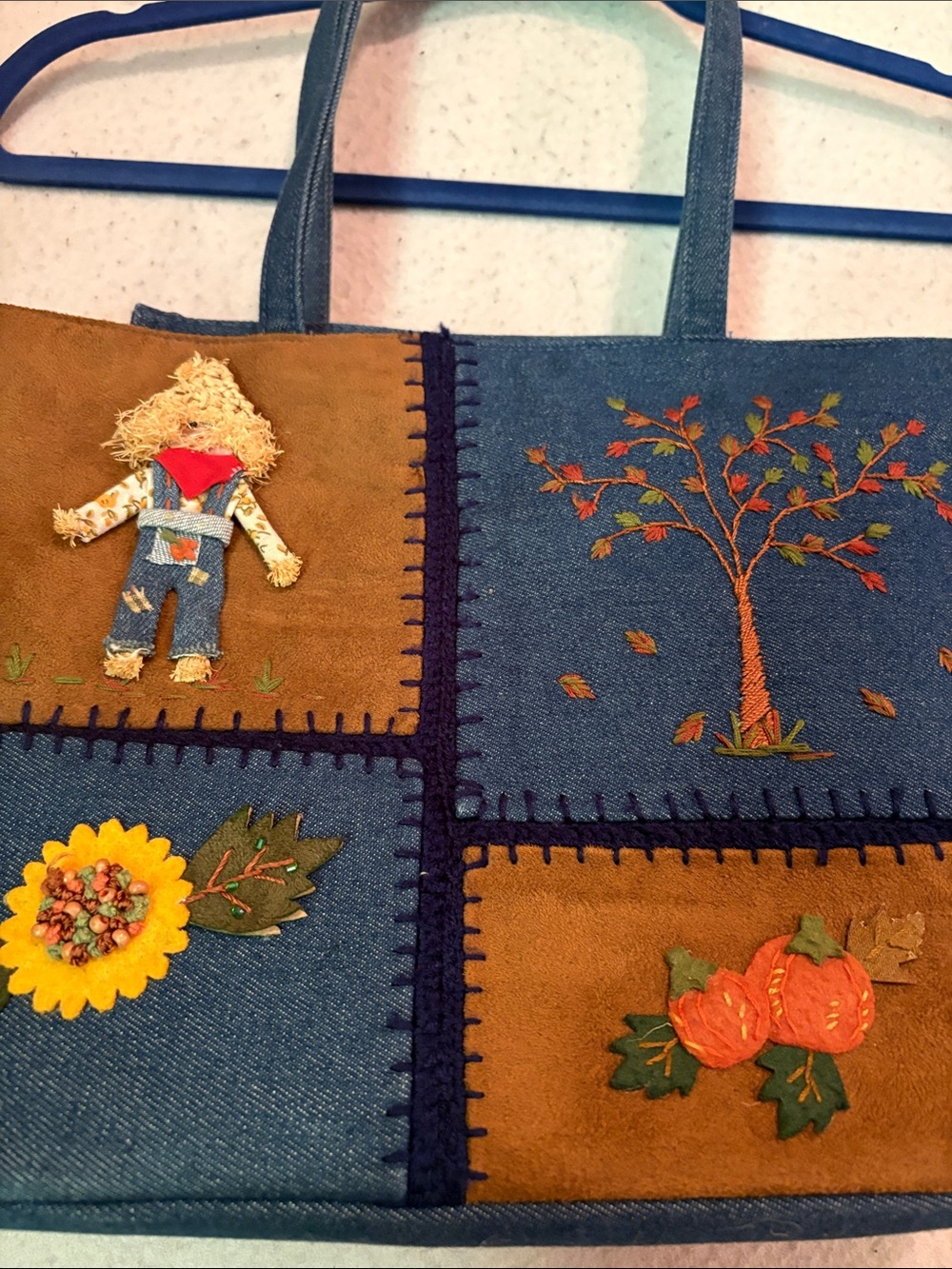 Cappelli Straworld Denim Scarecrow Tote Bag Fall Cottagecore Y2K Embroidered